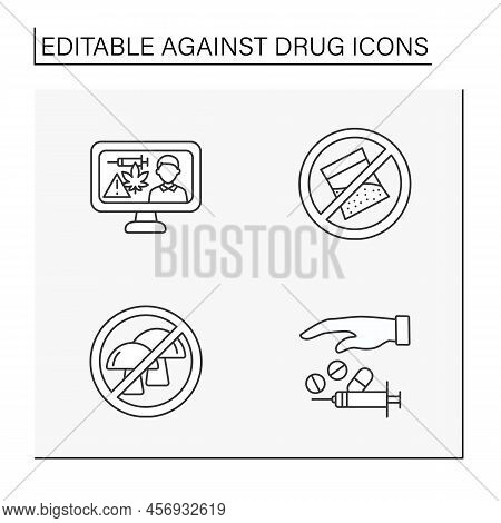 Against Drug Line Icons Set. Cocaine, Hallucinogenic Mushroom. Injections, Smoking Weed And Cigarett