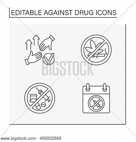 Against Drug Line Icons Set. Injections, Smoking Weed And Cigarettes. Unhealthy Addictions. Bad Habi