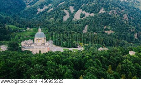 Aerial View Of The Sanctuary Of Oropa, Roman Catholic Building In The Biellese Alps, Northern Italy.