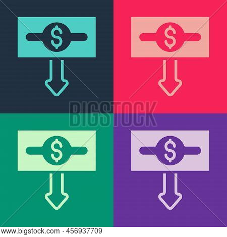Pop Art Dollar Rate Decrease Icon Isolated On Color Background. Cost Reduction. Money Symbol With Do