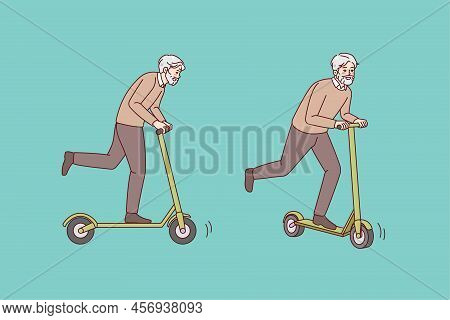 Overjoyed Energetic Elderly Man Have Fun Riding On Scooter Outdoors. Happy Active Mature Grandfather