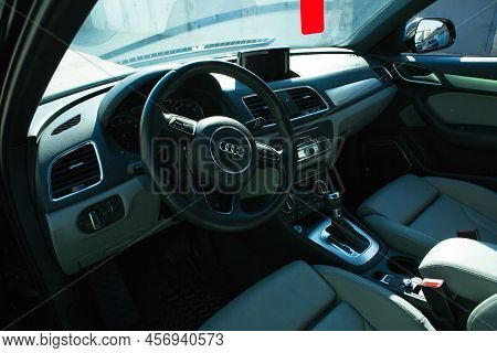 Audi Q3 In Black. Subcompact Luxury Crossover Audi Q3. Close-up Of Multifunction Steering Wheel With
