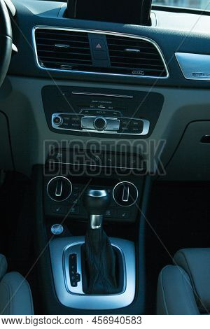Audi Q3 In Black. Subcompact Luxury Crossover Audi Q3. Close-up Of Multifunction Steering Wheel With