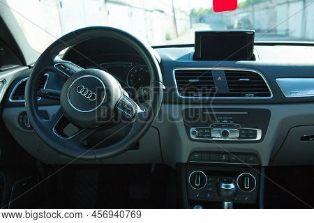 Audi Q3 In Black. Subcompact Luxury Crossover Audi Q3. Close-up Of Multifunction Steering Wheel With