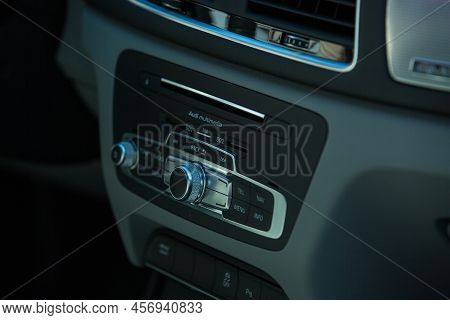 Audi Q3 In Black. Subcompact Luxury Crossover Audi Q3. Close-up Of Multifunction Steering Wheel With
