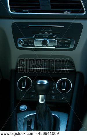 Audi Q3 In Black. Subcompact Luxury Crossover Audi Q3. Close-up Of Multifunction Steering Wheel With