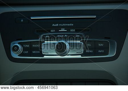 Audi Q3 In Black. Subcompact Luxury Crossover Audi Q3. Close-up Of Multifunction Steering Wheel With