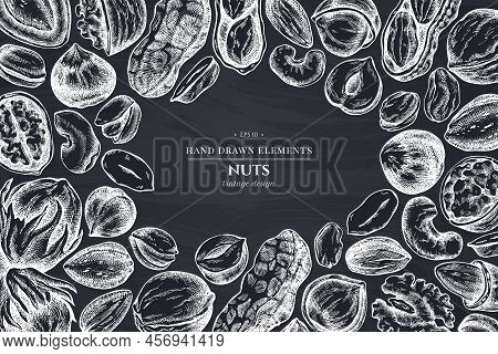 Monochrome Design With Chalk Cashew, Peanut, Pistachio, Hazelnut, Almond Walnut Stock Illustration