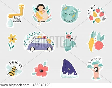 Eco Set Of Colorful Stickers. Green Energy, Plant Trees, Wildlife Protection, Sustainable Living Con