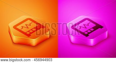 Isometric Seismograph Icon Isolated On Orange And Pink Background. Earthquake Analog Seismograph. He