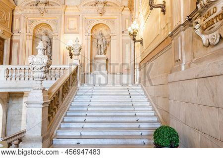 Turin, Italy - Circa August 2021: Marble Staircase In Historic Palace With Luxury Interior - Savoia 
