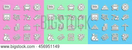 Set Line Gold Ring, Pickaxe, Mine, Mine Cart With Gold, Bars, Safe, 24k And Mining Icon. Vector