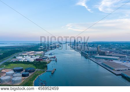 Aerial View Of The Mobile, Alabama Waterfront Skyline At Sunset In June Of 2022