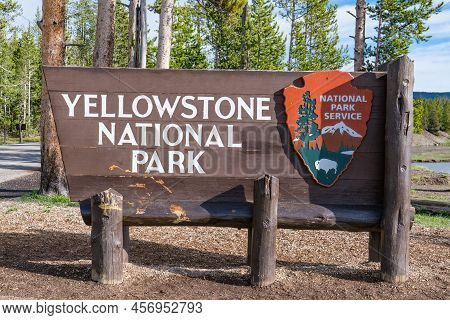 Yellowstone, Wy - June 4, 2022:  Southern Entrance Sign To Yellowstone National Park Along The Snake
