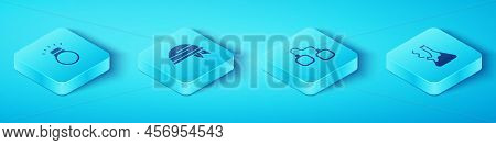 Set Isometric Diamond Ring, Bandana, Glass Bong For Smoking Marijuana And Handcuffs Icon. Vector
