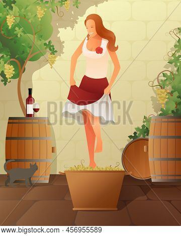 Wine Festival With Woman Barrel And Grapes Gradient Flat Vector Illustration