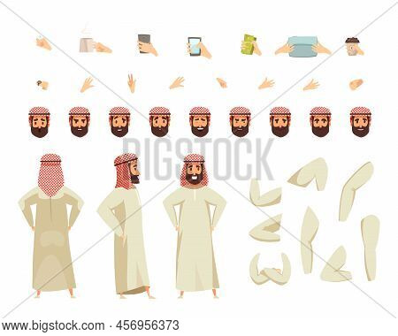 Arab Man In Traditional Long White Robe And Colored Headscarf With Modern Accessories Options Constr