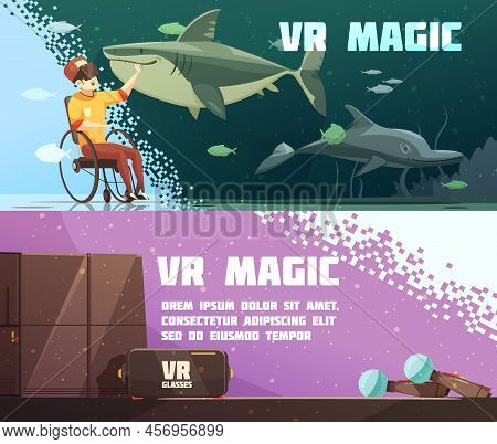 Virtual Reality Magic 2 Horizontal Cartoon Banners With Gaming Accessories And Vr Underwater Experie