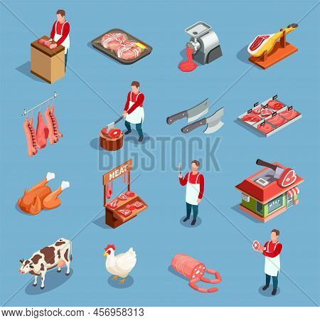 Butcher Shop Butchery Isometric Set Of Isolated Icons With Farm Animals Human Characters And Semifin