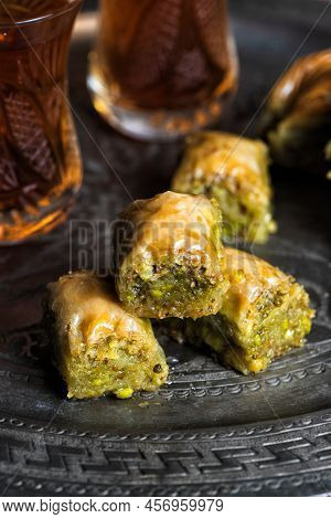 Turkish Pistachio Baklava On Traditional Metal Tray