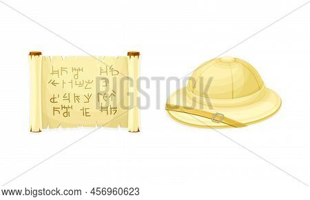 Antique Papyrus Scroll And Hat Of Archaeologist. Objects Of Archaeology Vector Illustration