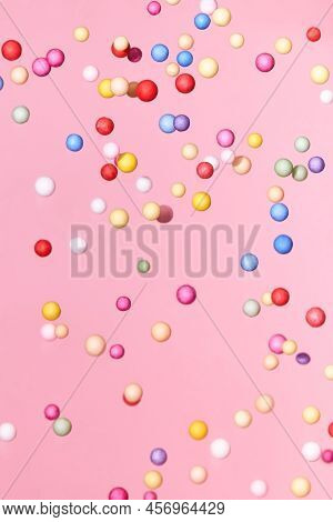 Flying Small Multicolored Polyfoam Balls, Theme Of Holidays And Birthdays, Backdrop.