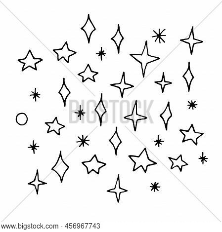 Line Doodle Space Set. Hand-drawn Star Isolated On White Background. Outline Astronomical Object. Un