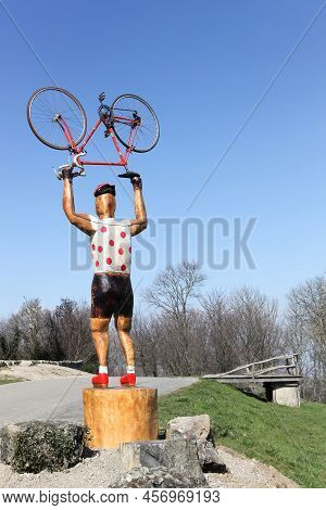 Odenas, France - March 9, 2021: Peak Of The Mont Brouilly Hill In Beaujolais, France