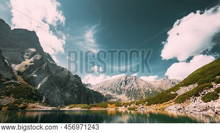 Tatra National Park, Poland. Calm Lake Czarny Staw Under Rysy And Summer Mountains Landscape. Beauti