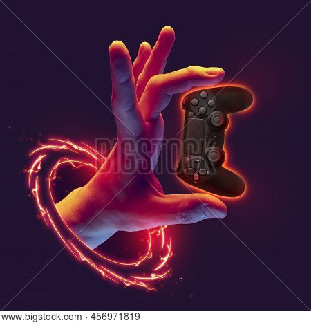 Contemporary Art Collage. Modern Design Work In Neon Trendy Colors. Human Hands With Modern Gadget O