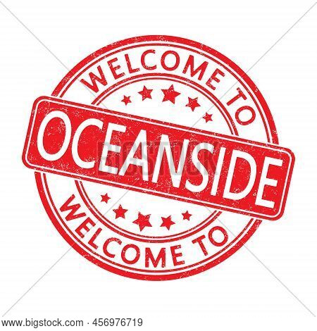 Welcome To Oceanside. Impression Of A Round Stamp With A Scuff. Flat Style