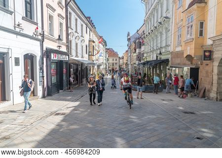 Bratislava, Slovakia - May 31, 2022: Michalska Street With Tourists In Old Town Of Bratislava At Sun