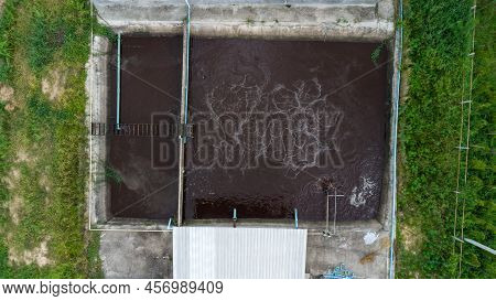 Water Recycling In Sewage Treatment Plant. Aerial View Of Waste Water Treatment