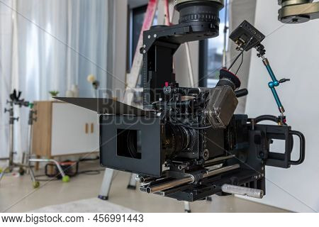 Movie Shooting Or Video Production And Film Crew Team With Camera Equipment. Video Camera Operator W