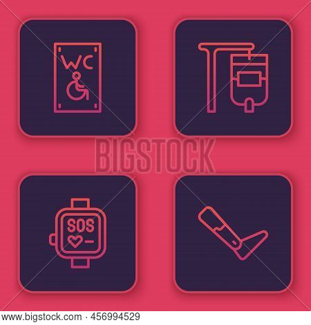Set Line Separated Toilet For Disabled, Smart Watch, Iv Bag And Prosthesis Leg. Blue Square Button. 