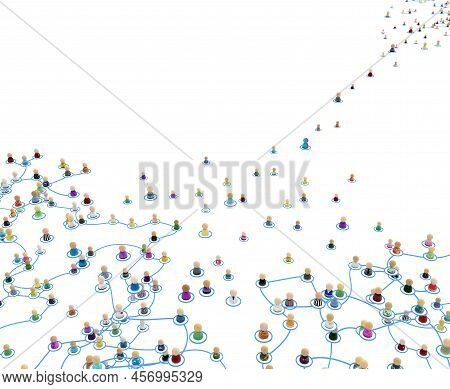 Crowd Of Small Symbolic 3d Figures Linked By Lines, Complex Layered System Remote Location, Over Whi