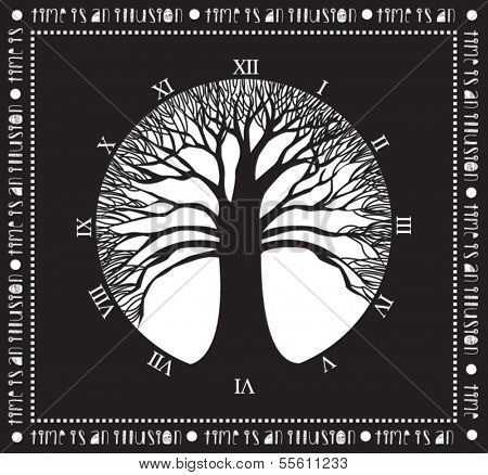 Tree of time - Monochromatic poster with wide naked tree and clock without handles: Time is an Illusion, concept art