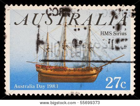 AUSTRALIA - CIRCA 1983: A stamp from Australia shows image of the ship HMS Sirius and commemorates Australia Day, circa 1983