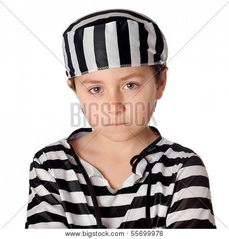 Sad child with with striped prisoner costume isolated on a white background