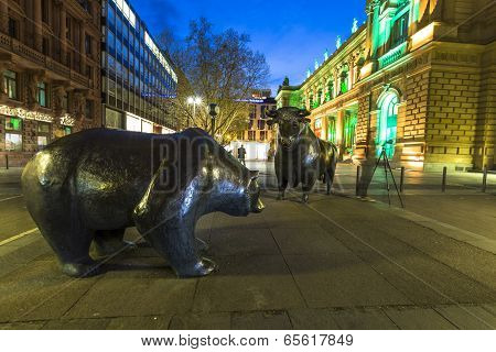Illuminated  Stock Exchange By Night In Frankfurt