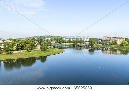 Aerial View Of The Vistula River With Morning View To Old City Of Krakow