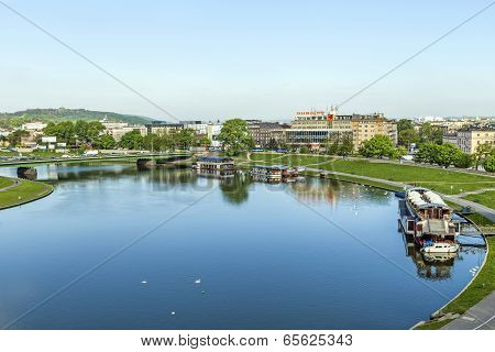 Aerial View Of The Vistula River With Morning View To Old City Of Krakow