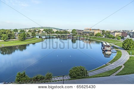 Aerial View Of The Vistula River With Morning View To Old City Of Krakow