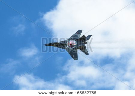 BERLIN, GERMANY - MAY 20, 2014: Jet fighter Mikojan-Gurewitsch MiG-29 (Polish Air Force) demonstration during the International Aerospace Exhibition ILA Berlin Air Show-2014.