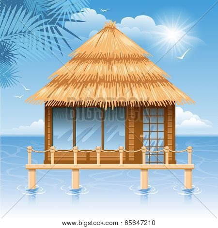 Wooden water bungalow on coast of tropical sea. Vector illustration.