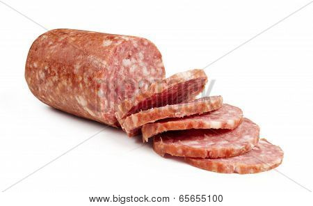 Sausage cut by slices on a white background
