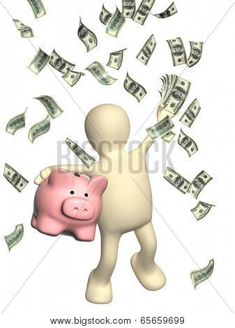 Happy puppet with piggy bank and banknotes of dollars. Isolated on white background