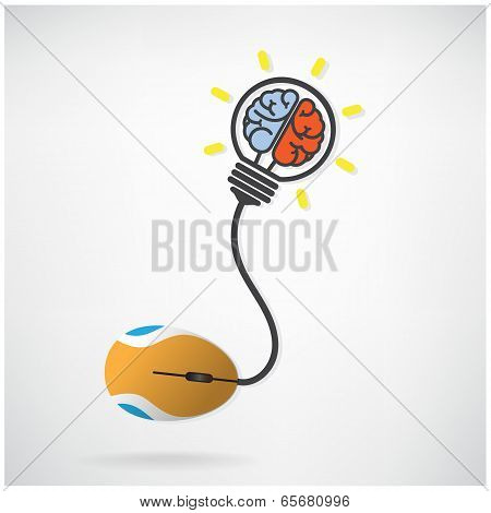 Creative Brian Icon In  Light Bulb Symbol With Computer Mouse Sign On Background