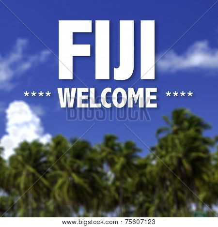 Fiji, Welcome written on a beautiful beach background