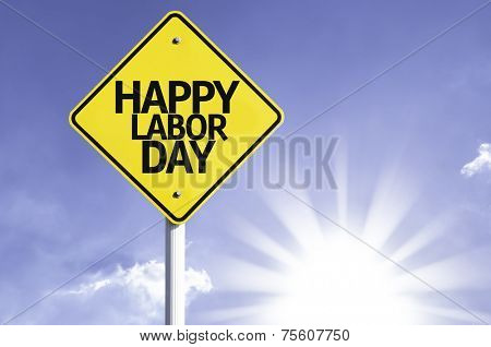Happy Labour Day road sign with sun background 